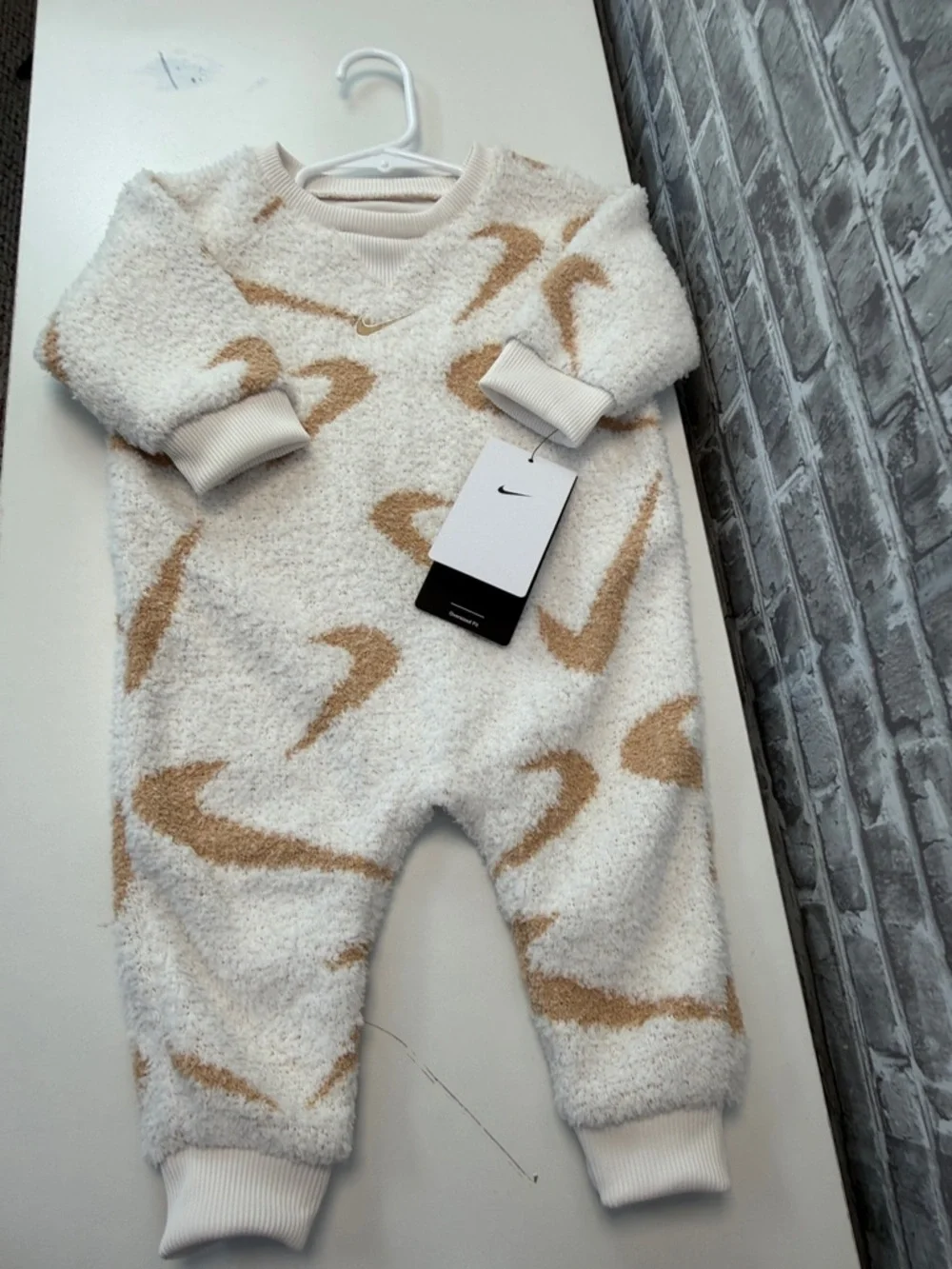 NWT Nike Cream‎ Sherpa One-Piece with Tan Swoosh Print romper